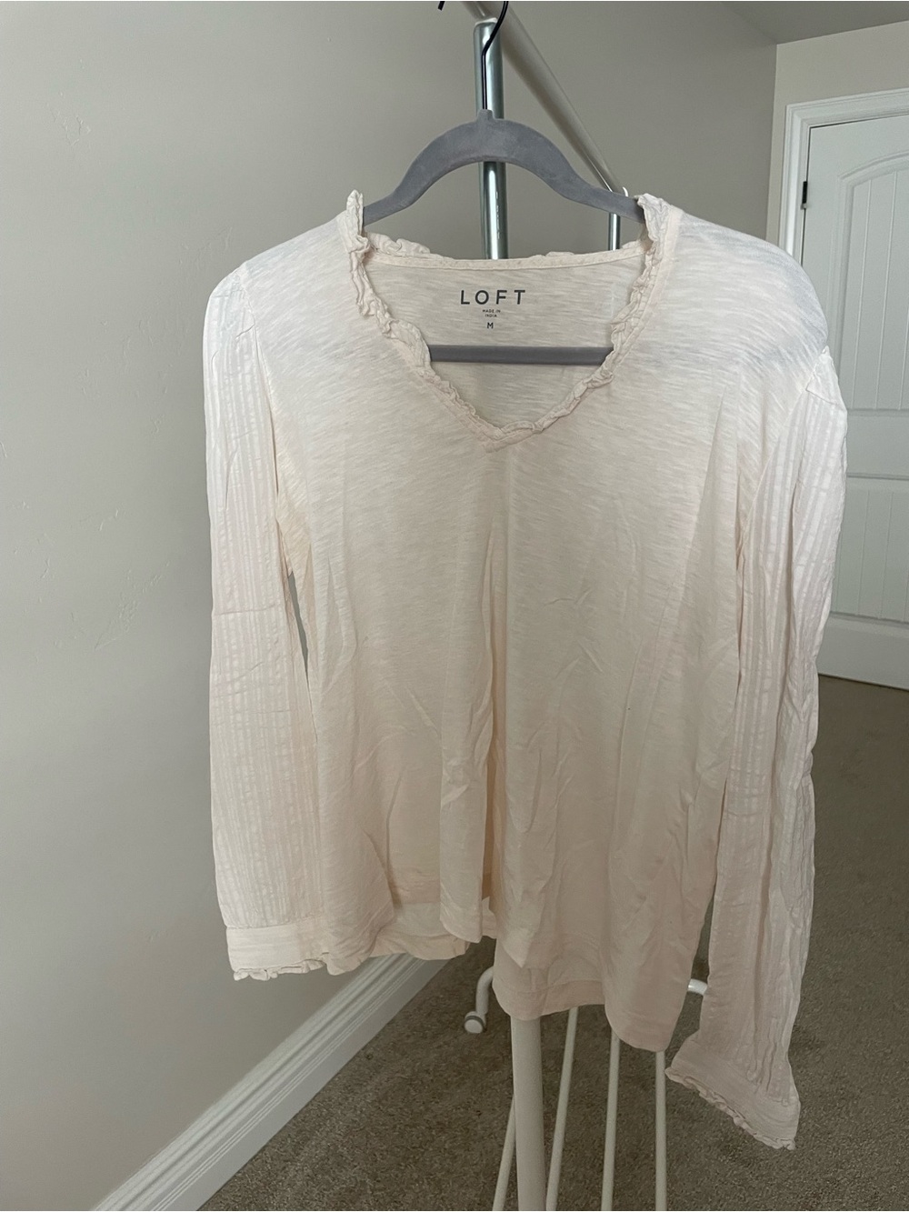 LOFT Cream Long Sleeve Ruffle-Trim V-Neck Top
